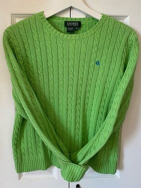 Ralph Lauren Lauren Lime Green Cable Knit Cotton Crewneck Sweater vintage  Med